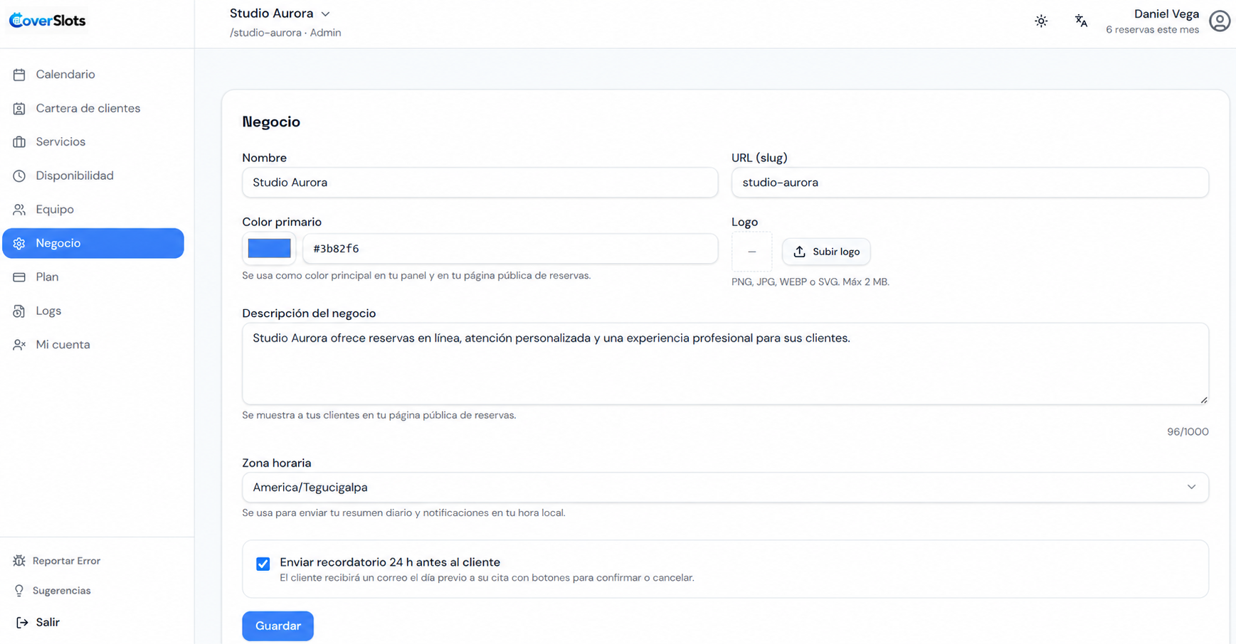 Configuración del negocio en CoverSlots
