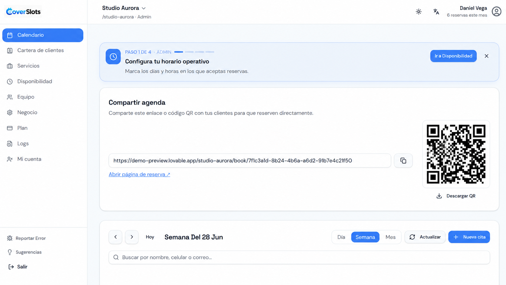 Panel de calendario y compartir agenda de CoverSlots
