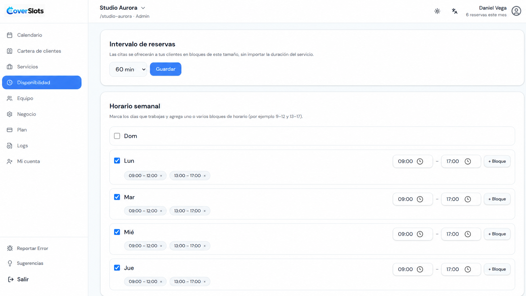 Configuración de disponibilidad y horarios semanales